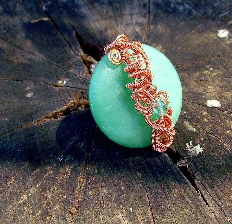 Autumn Green Glass Copper Wrapped Ring - Bohemian Jewelry - Chunky - stoneandbone