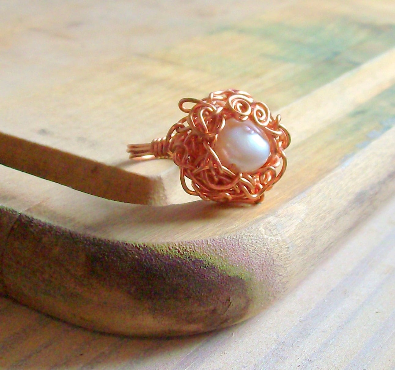 Nest Pearl Copper Ring - Wire Wrapped - White - Autumn - stoneandbone - Vintage