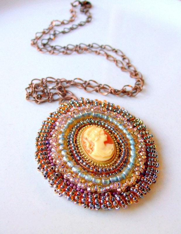 Cameo Romantic Victorian Necklace - stoneandbone - Bead Embroidery - Copper Necklace