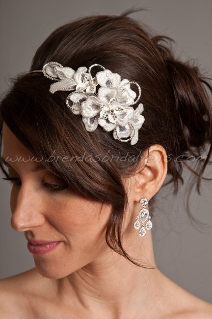Wedding Headband, Lace Headband, Porcelain Flowers, Rhinestones, Bridal Headband - Odessa