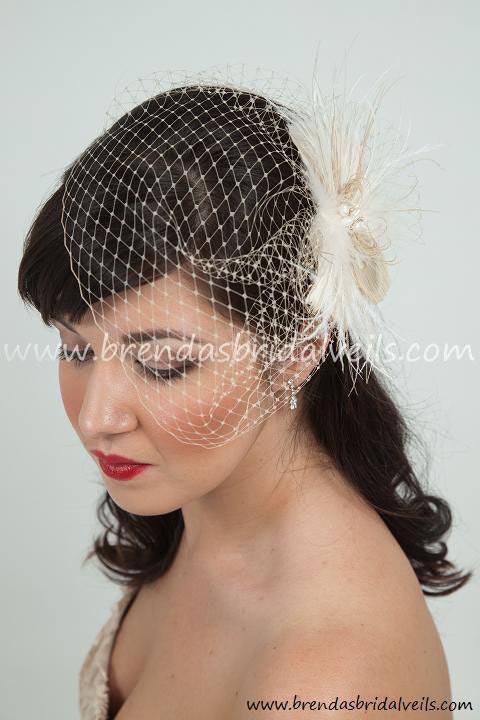Bridal Veil with Feather Fascinator, Champagne Wedge Birdcage Veil with Champagne and Ivory Feather Fascinator Fresh Water Pearl Center