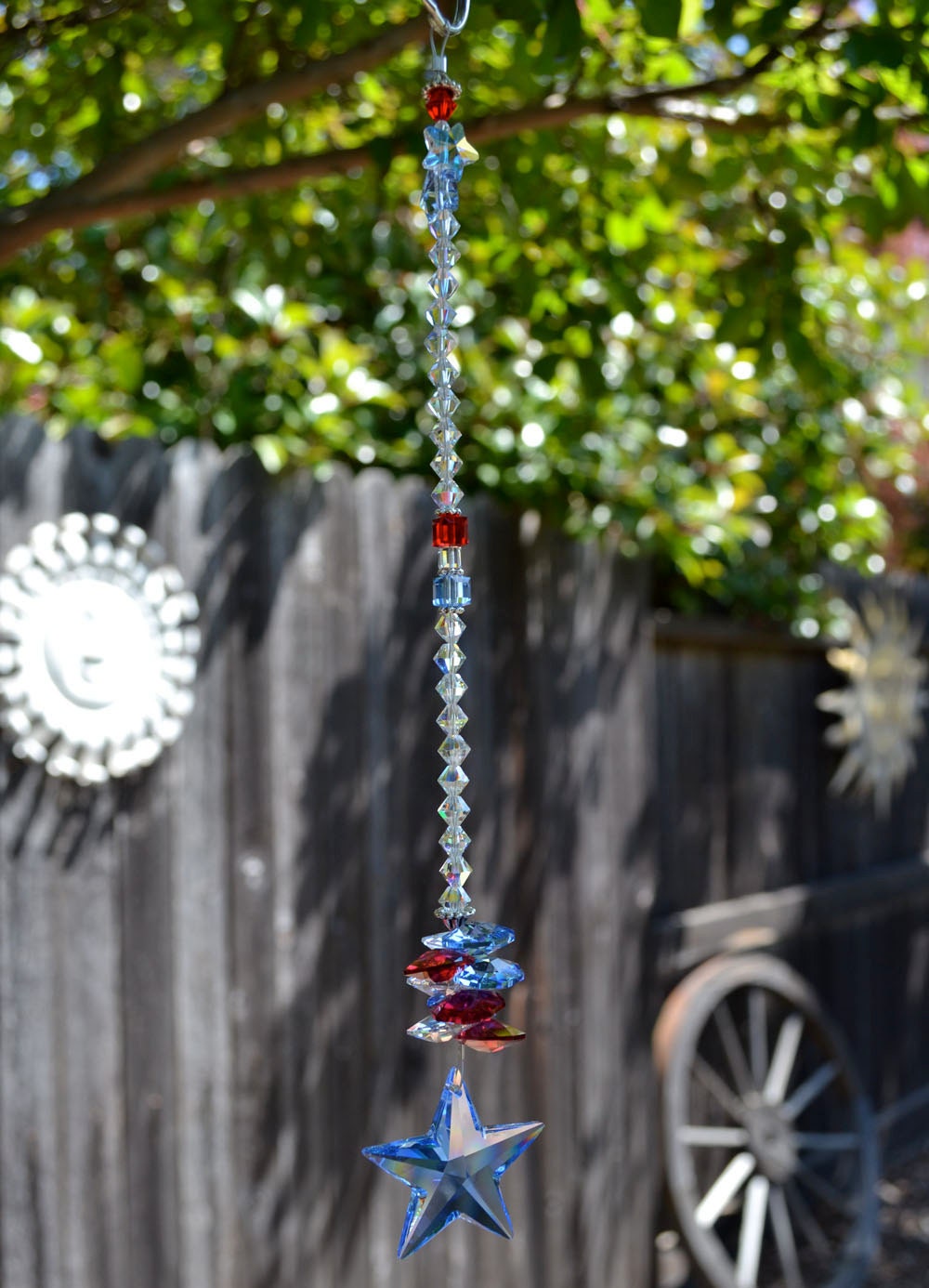 Stars and Stripes Large 40mm Swarovski Crystal Blue Star Patriotic Suncatcher Ornament, Red, Clear, Blue - Great Gift for Military Family