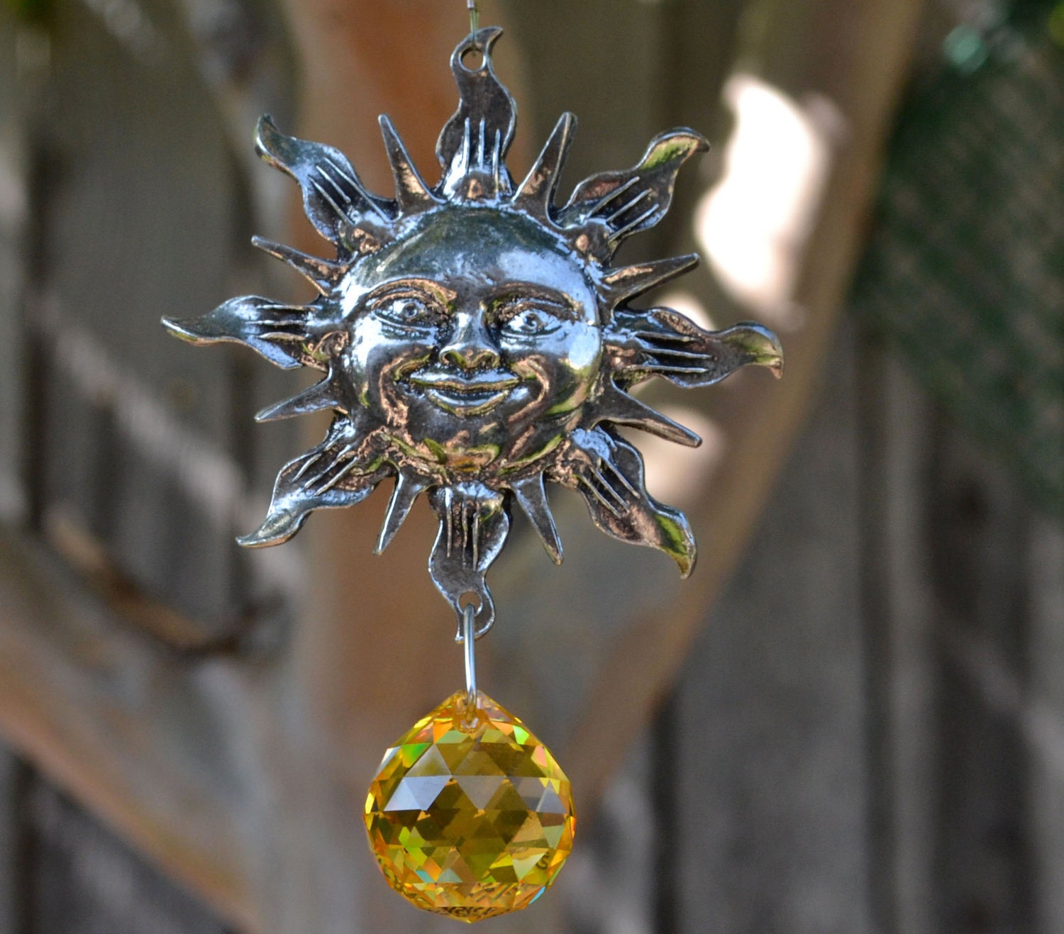 12" Long Authentic Swarovski Crystal Golden Sunny Sun 168 Facets 20mm Crystal Ball Pewter Suncatcher, Colorful Magical Dancing Rainbows