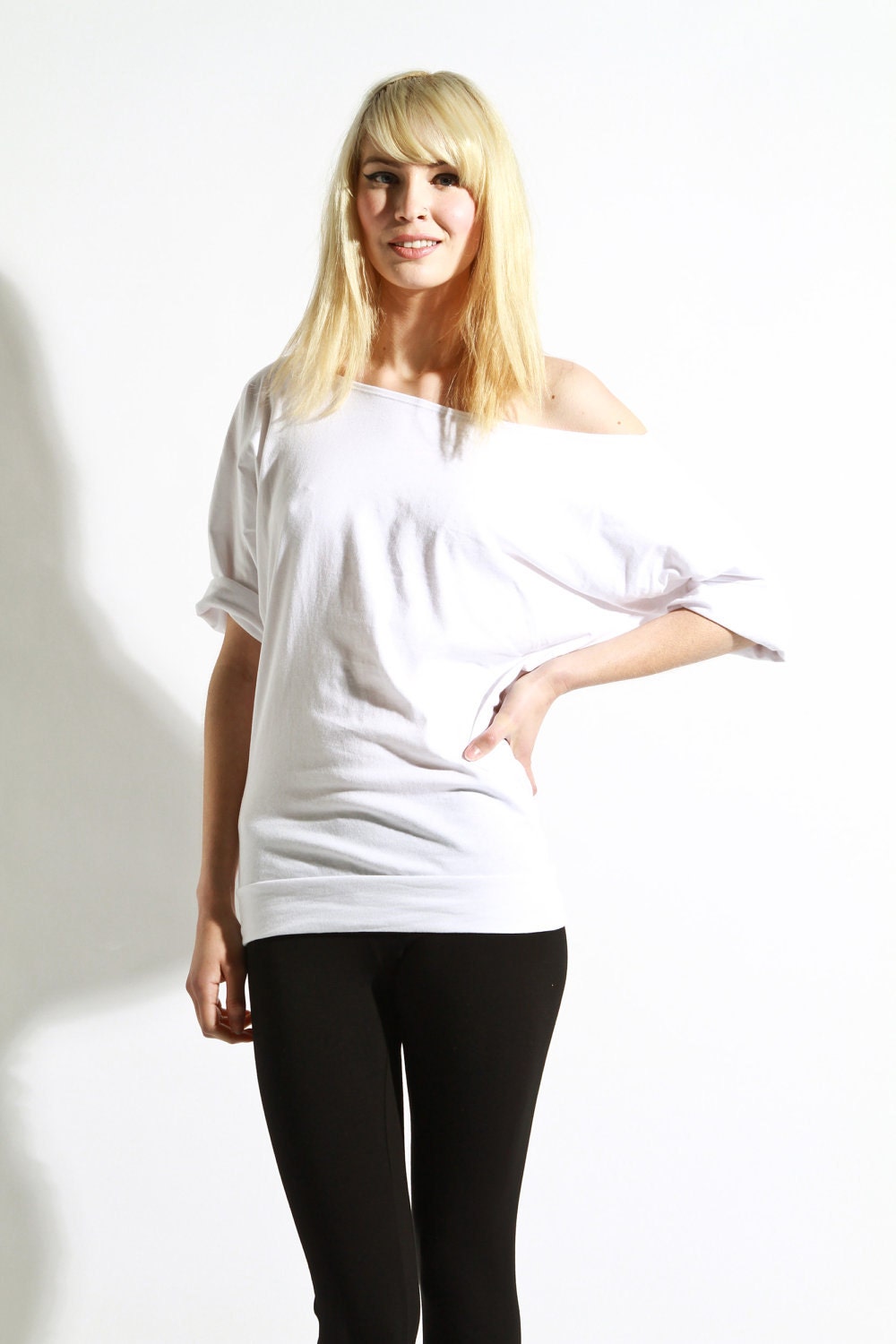 Off The Shoulder Top - Oversized Cotton Shirt, Womens White Tops large and red vneck medium