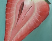Strawberry Half Painting - Small Original in Pink and Turquoise - Perfect New Home Gift