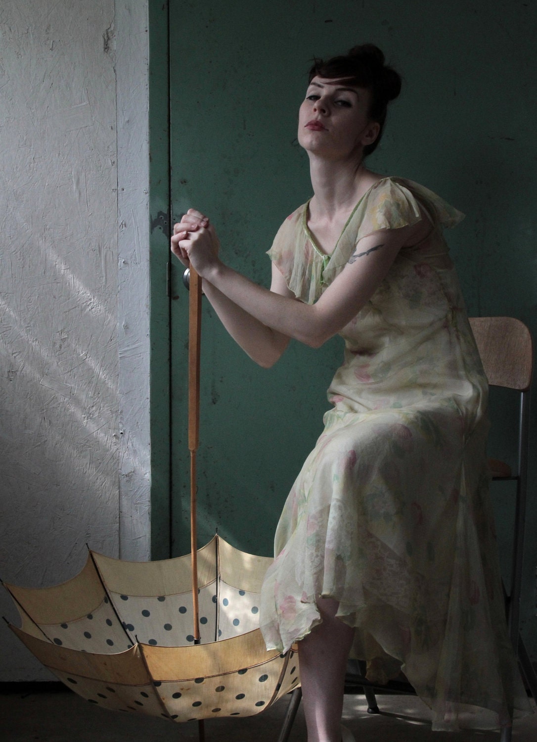 Antique 20s Silk Dress . Green Floral . Flapper Gown . Bias Cut . 1920s Gatsby Era
