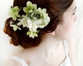 sage green flower hair accessories, celery green bridal hair clip, hair accessory - TWIG NEST - ivory flower, bridal hair, weddingpiece