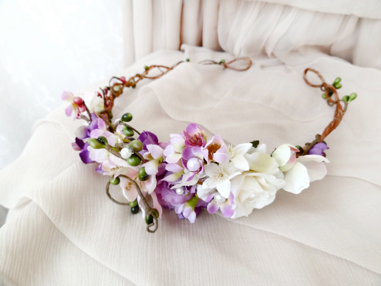 purple wildflower hair wreath, lilac bridal headpiece - WILD BEAUTY - rustic wedding, bridal hair accessories, floral crown