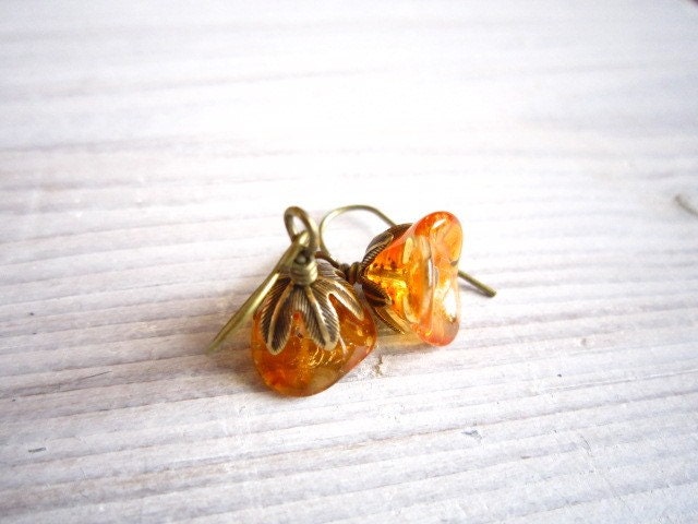 Fleur II Posy Drop Earrings in Pumpkin Orange and Brass