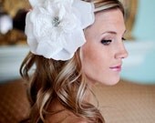 Wedding Hair Accessories Pure White Organza Bridal Flower with Swarovski Crystal Accent