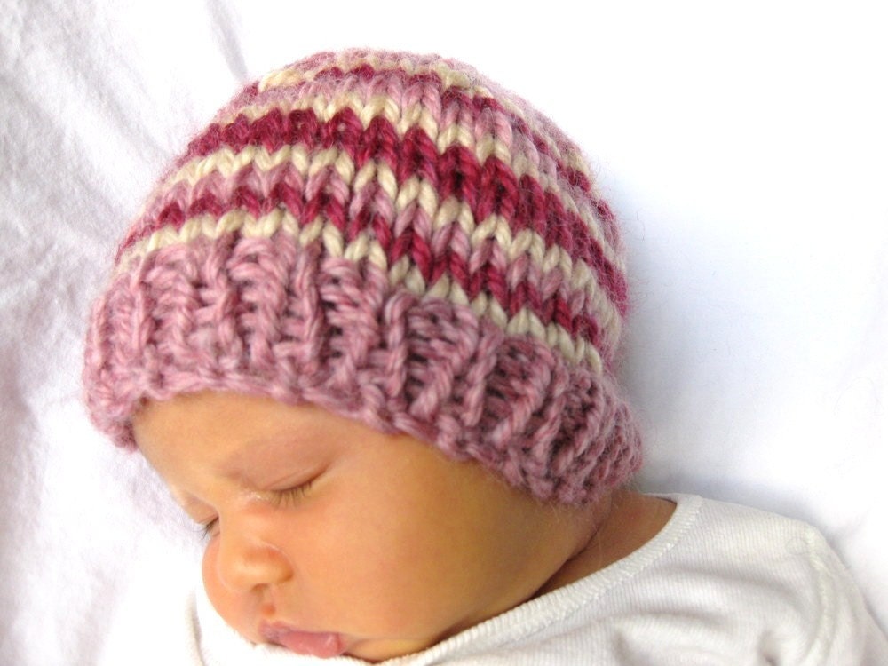 knit baby hat and photo prop - rose, raspberry and cream, 3 to 9 months, matching mittens available, ready to ship