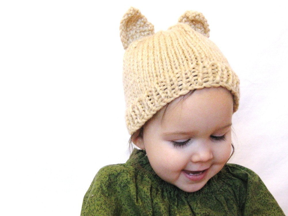 knit baby hat with crochet cat ears, boutique photography prop - oats and cream, size 18 months to 4T, all natural fibers, ready to ship