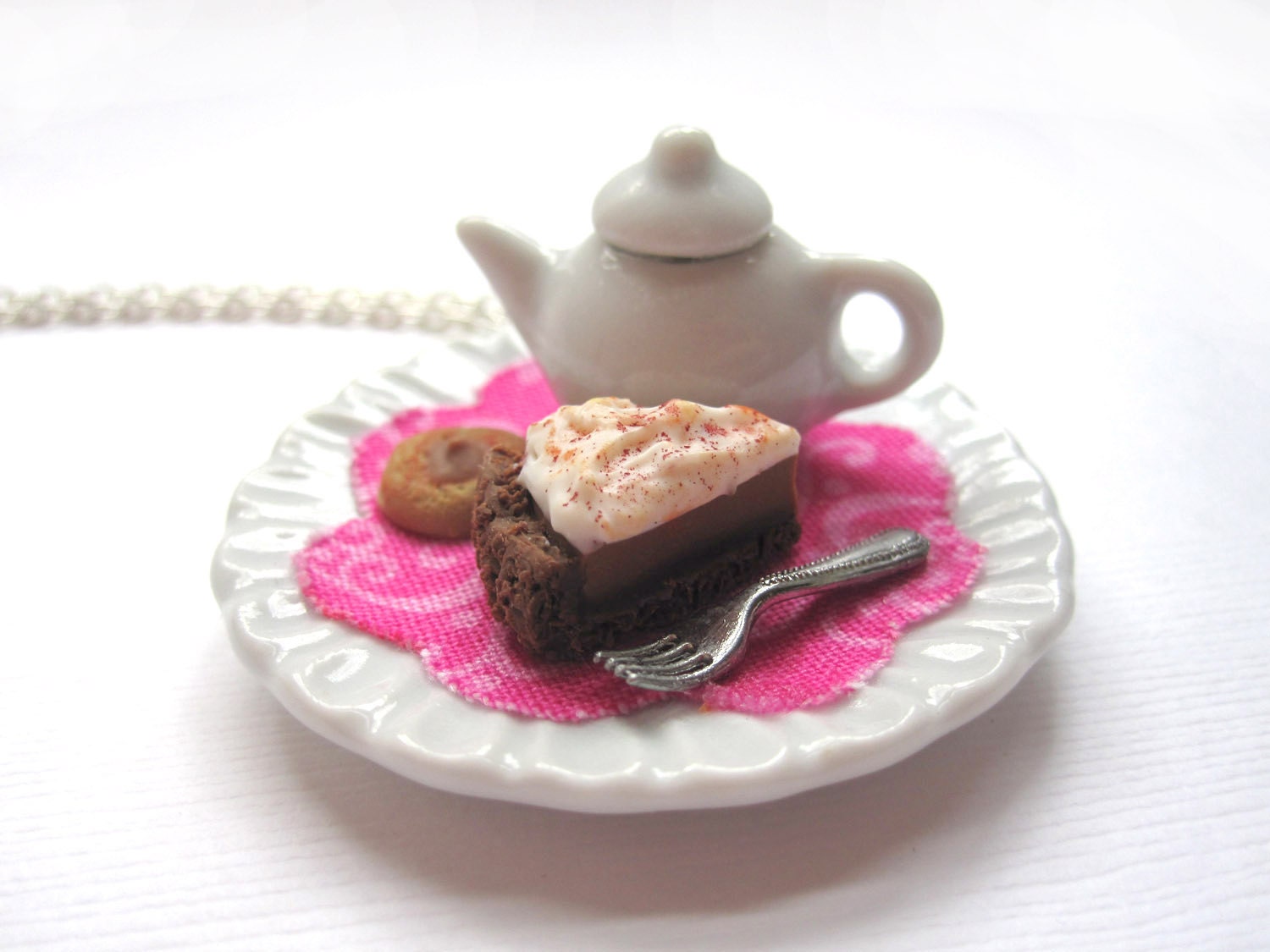 White Teapot, Chocolate Strata Pie and Caramel Cookie Pendant