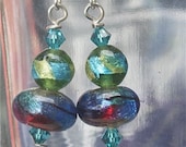 blue turquoise lime red gold earrings dichoric beads HANGING DELIGHT  rondelle and round glass beads eggshell blue crystal  jewelry