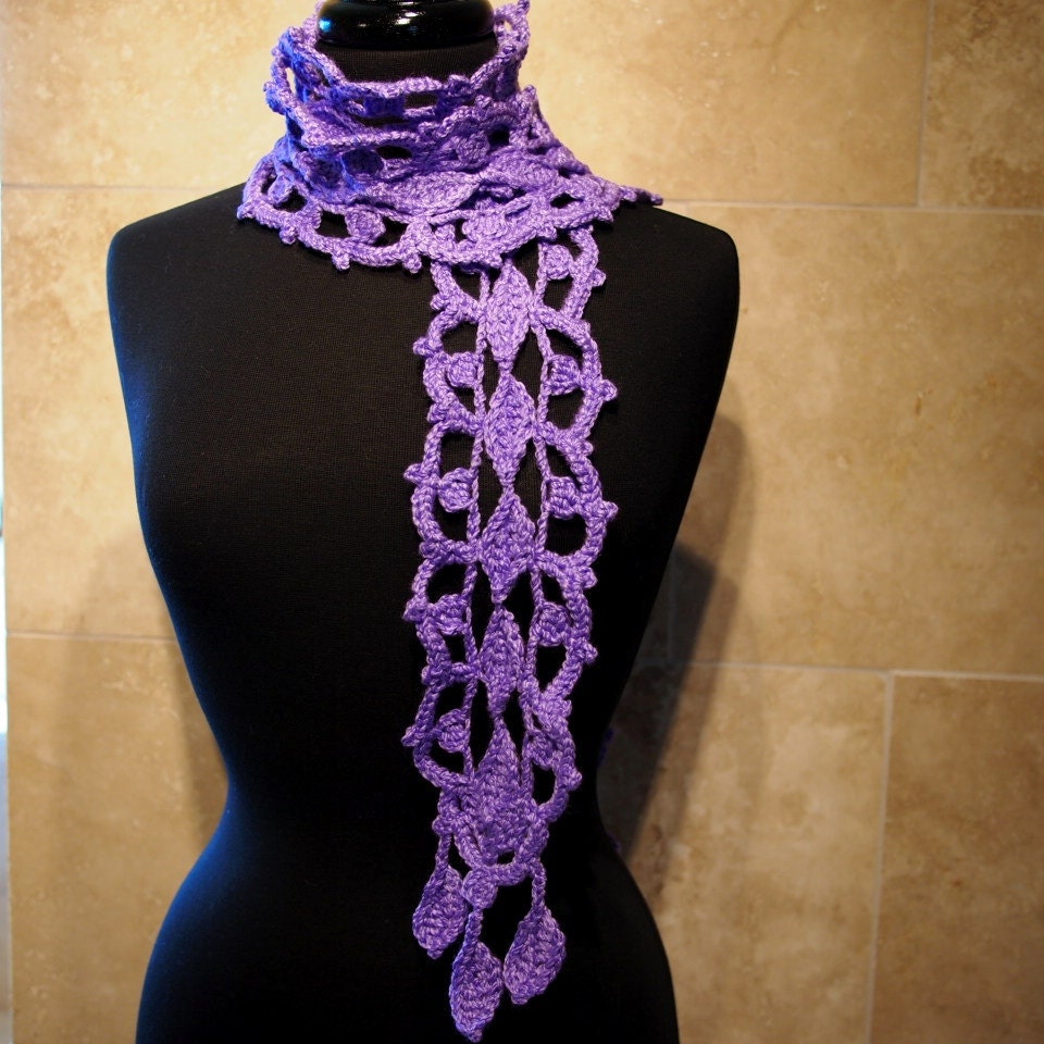 African Violet, Purple Leaf Open Crochet Lacework Scarf - ParasolDesign