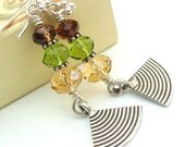 Yellow Brown Green Crystal Glass Beaded Earrings,Sterling Silver Dangle Earrings, Fan Charm - FALLING