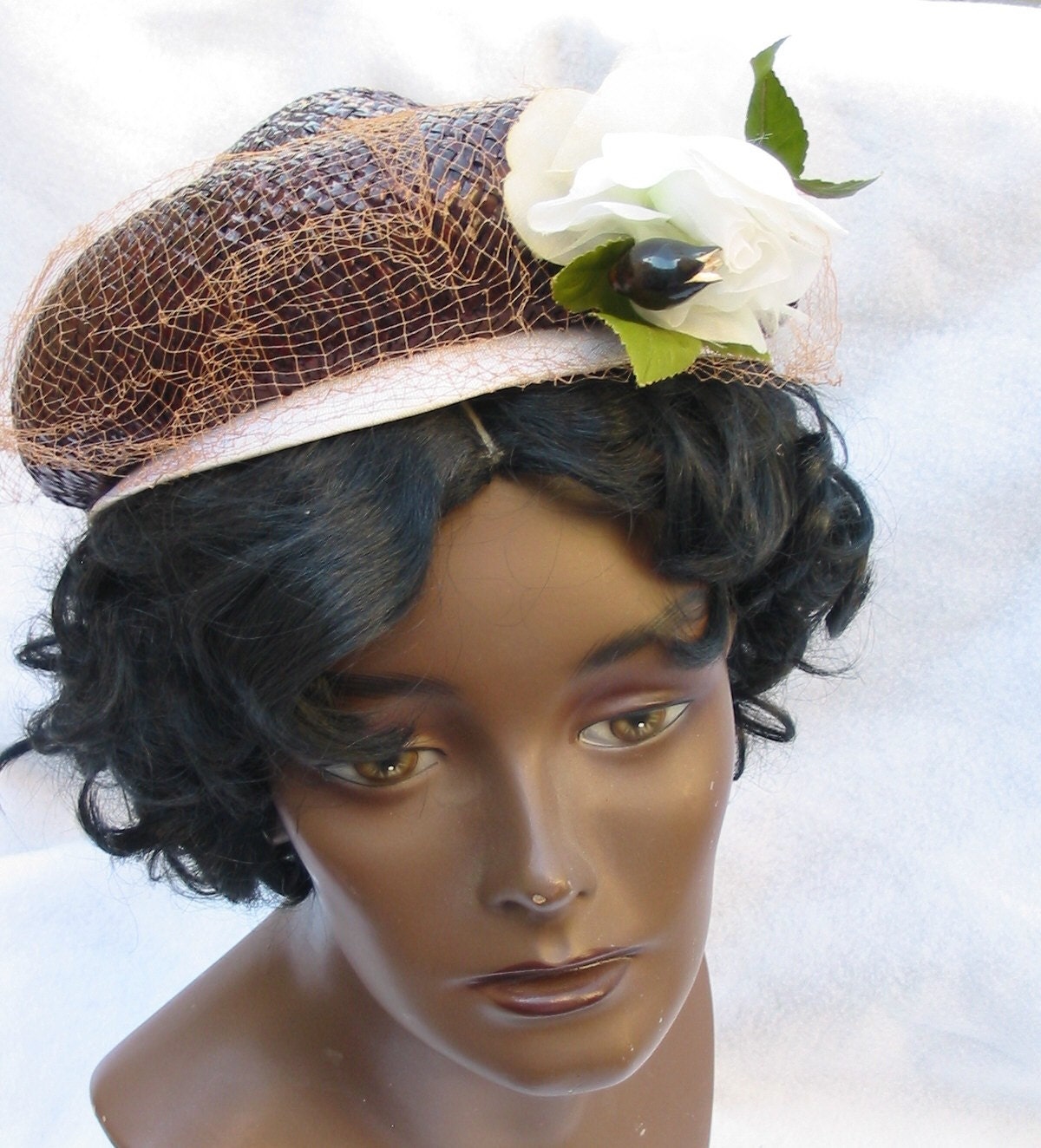 50's 60's Vintage Brown Straw Hat with White Rose