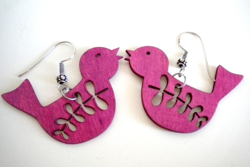 Pink Magenta Wooden Bird Earrings