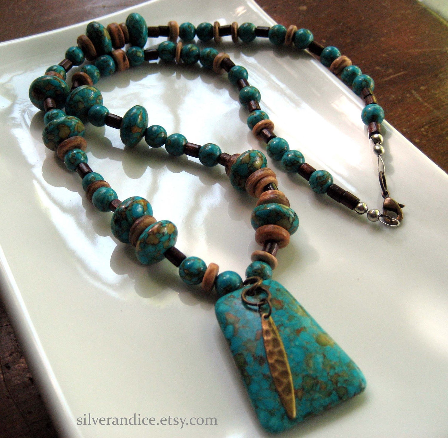 Mosaic Turquoise & Wood Beaded Necklace / Coconut Shell / One of a Kind / Handmade Jewelry