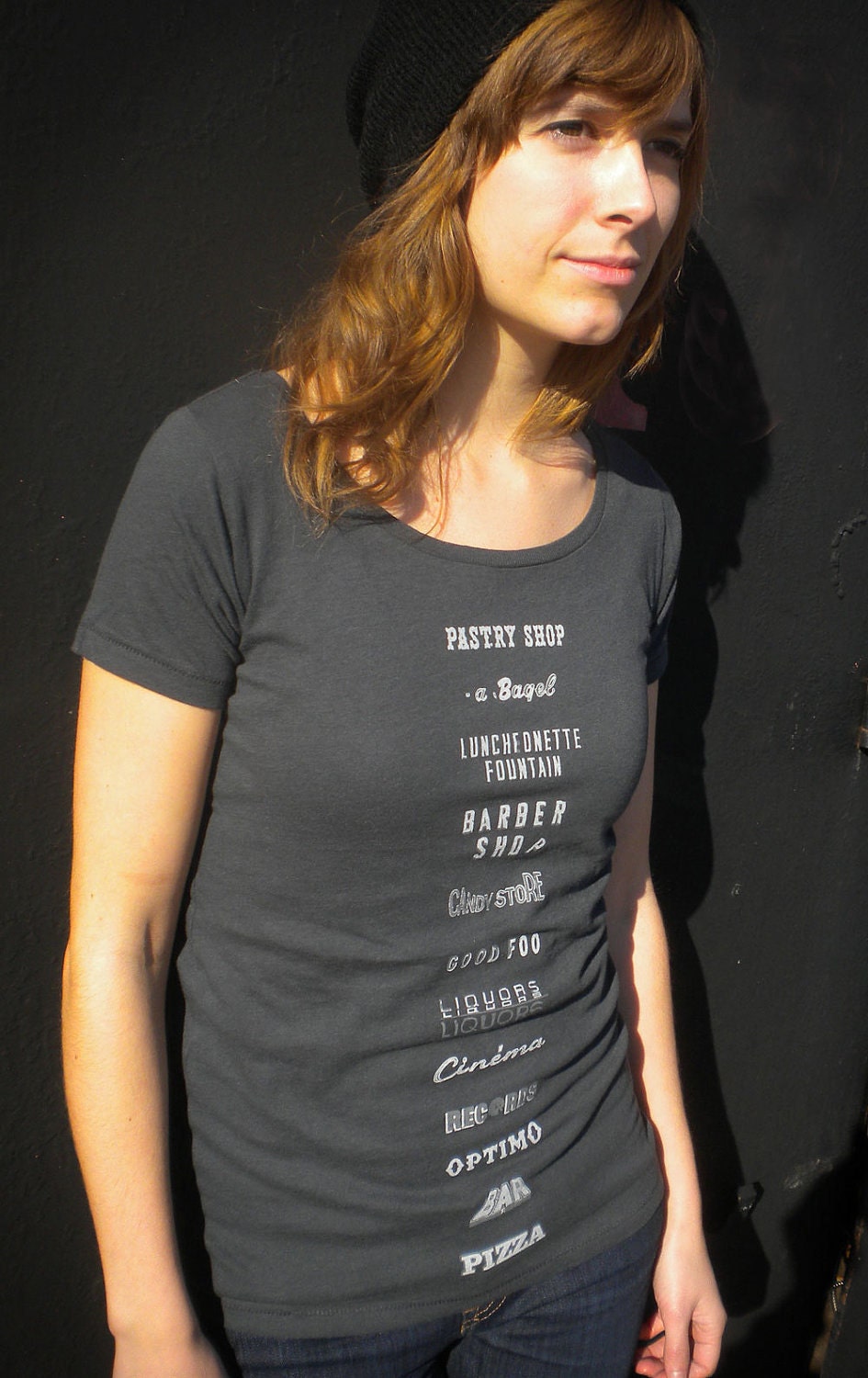 Woman's NYC Storefronts T-Shirt in Organic Scoop Neck Grey - S, M, L, XL