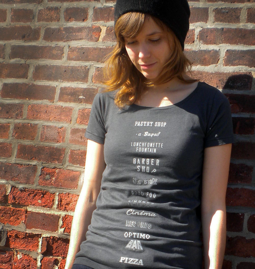 Women's Organic Scoop Neck T-Shirt in Grey with NYC Storefront Signs - S, M, L, XL