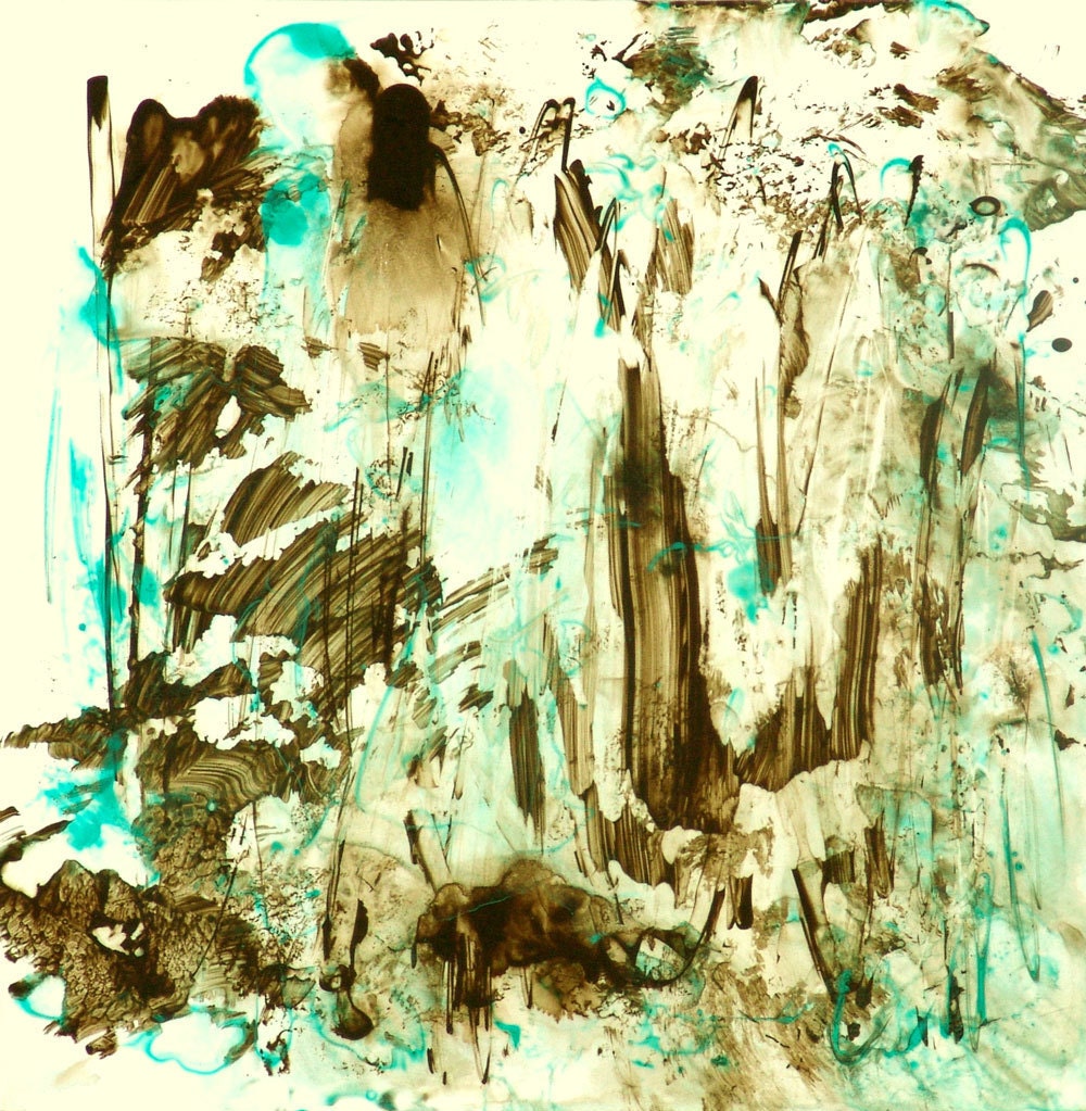 Woodland Decor Contemporary Abstract Landscape Painting -Turquoise Brown Small Wall Art Home Decor
