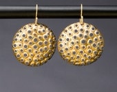 Hand Made 22k and Blackened Silver Punched Hole Earrings, With Solid 18k Gold Hooks, Medium Round