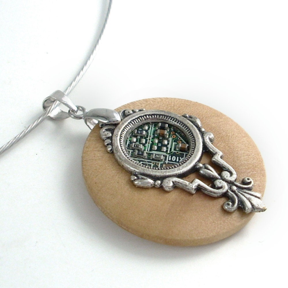 Wood Circuit Board Necklace - Industrial Techno Geek Steampunk Handmade Unisex Jewelry