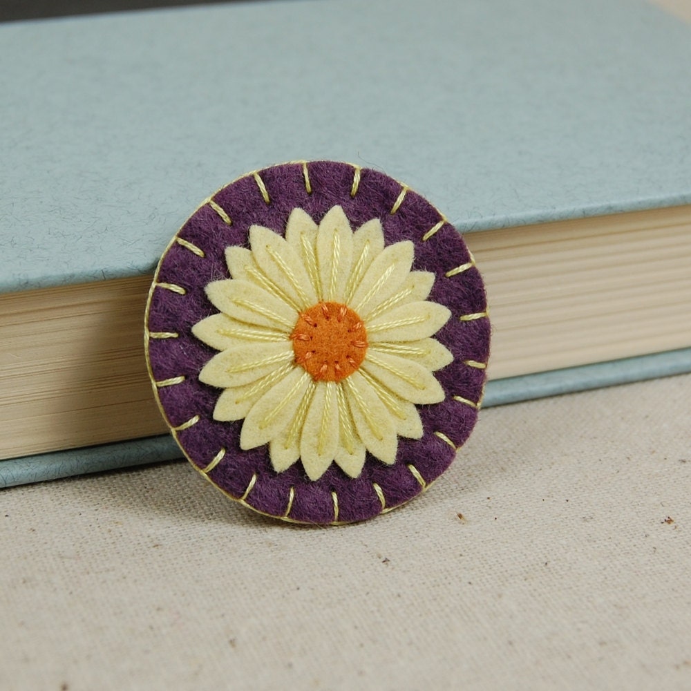 Wool Felt Flower Brooch Pin - Yellow & Orange Daisy Hand Embroidered on Vineyard