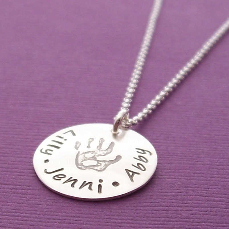 Personalized Necklace - Pendant with Children's Names - Baby Handprint Jewelry for Mom  - Handstamped Necklace in Sterling Silver