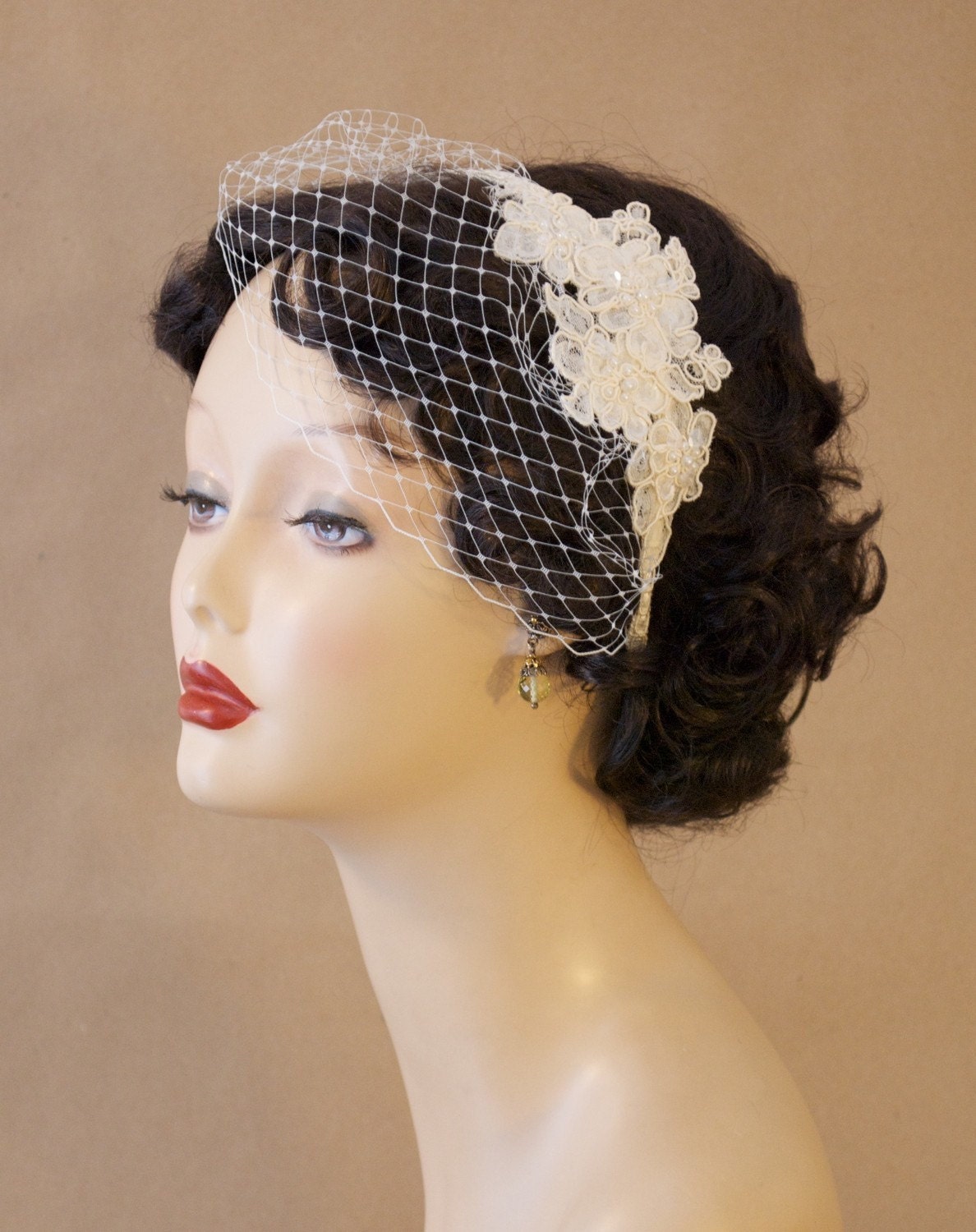 Bridal Birdcage Veil Blusher with Alencon Lace, Bead, and Sequin Fascinator - "Marcia"