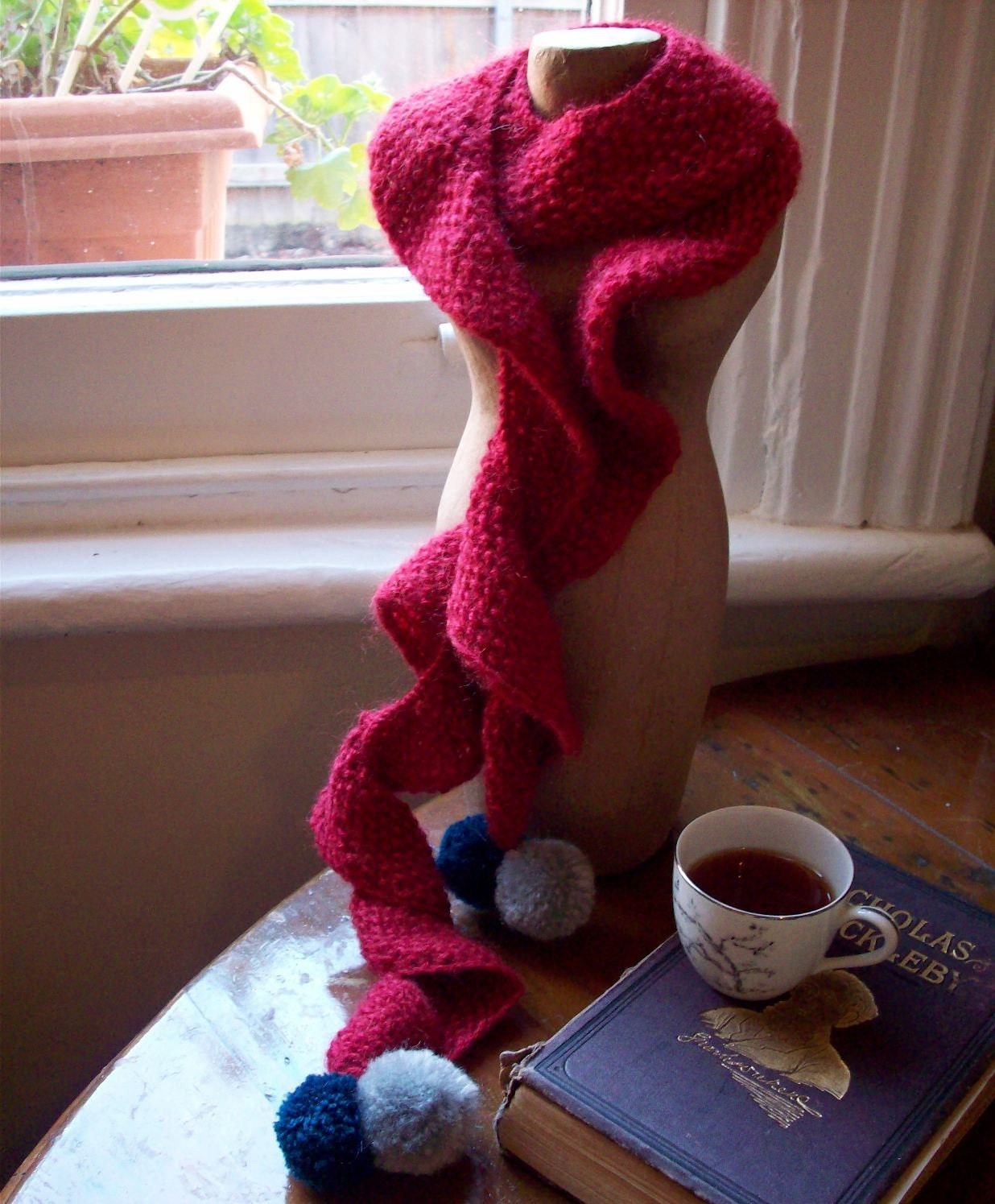 Columbine Pom-Pom Scarf - Crimson with Teal and Grey