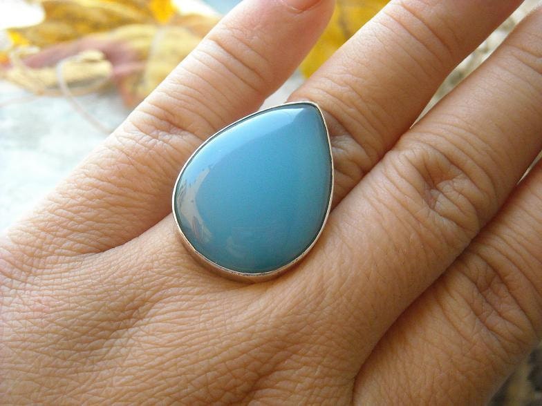 Blue chalcedony ring - Bezel ring - Gemstone ring - Cabochon ring - Artisan ring - Unique ring - Tear drop