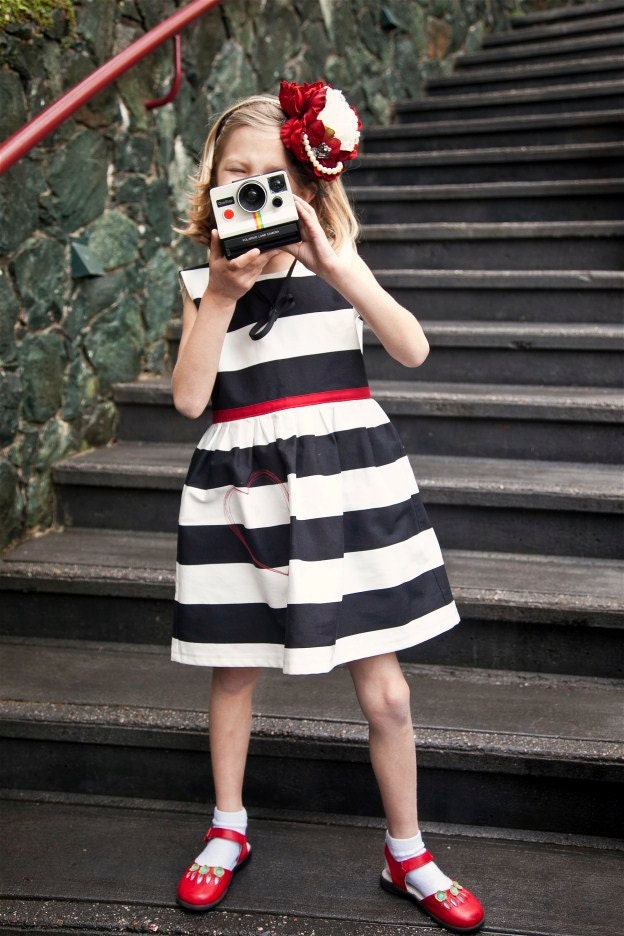Girls Black and White Striped Dress with Stitched Heart Detail... Sizes 2T through 14