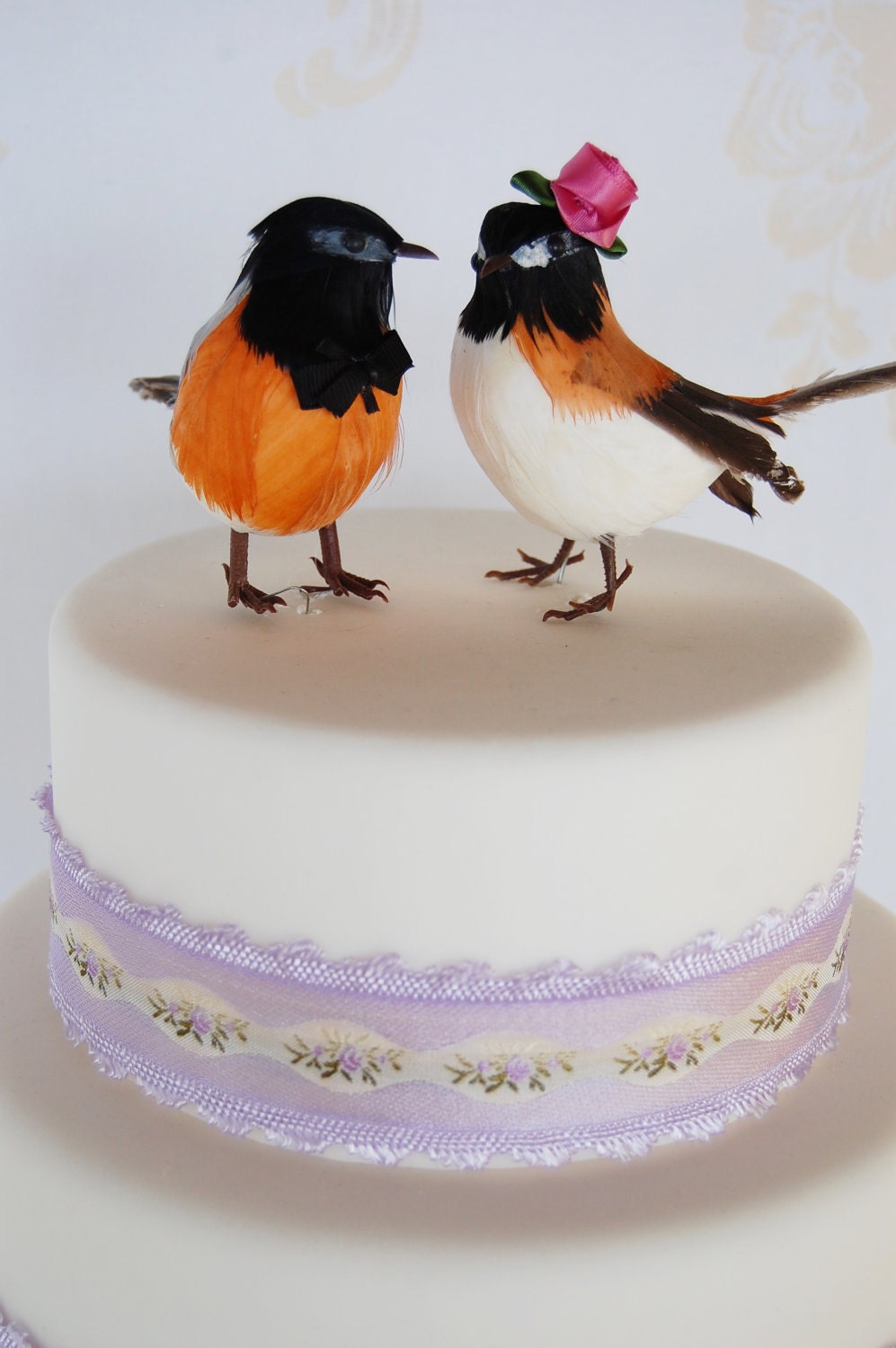 Sparrow Love Birds: Rustic Bride & Groom Wedding Cake Topper and Ornament in Black, Russet and White