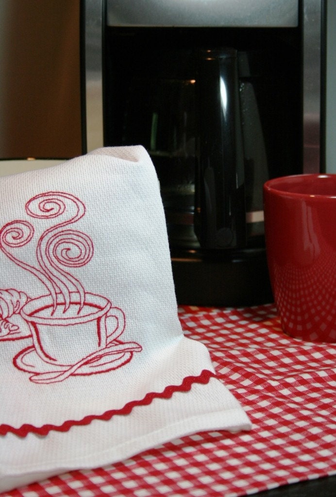 Coffee Break in Red - Embroidered Kitchen Towel