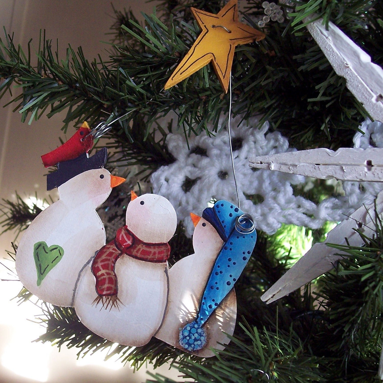 Primitive Country Christmas Ornament- Hand Painted Snowmen Wood Christmas Ornament- Primitive Snowman Ornament