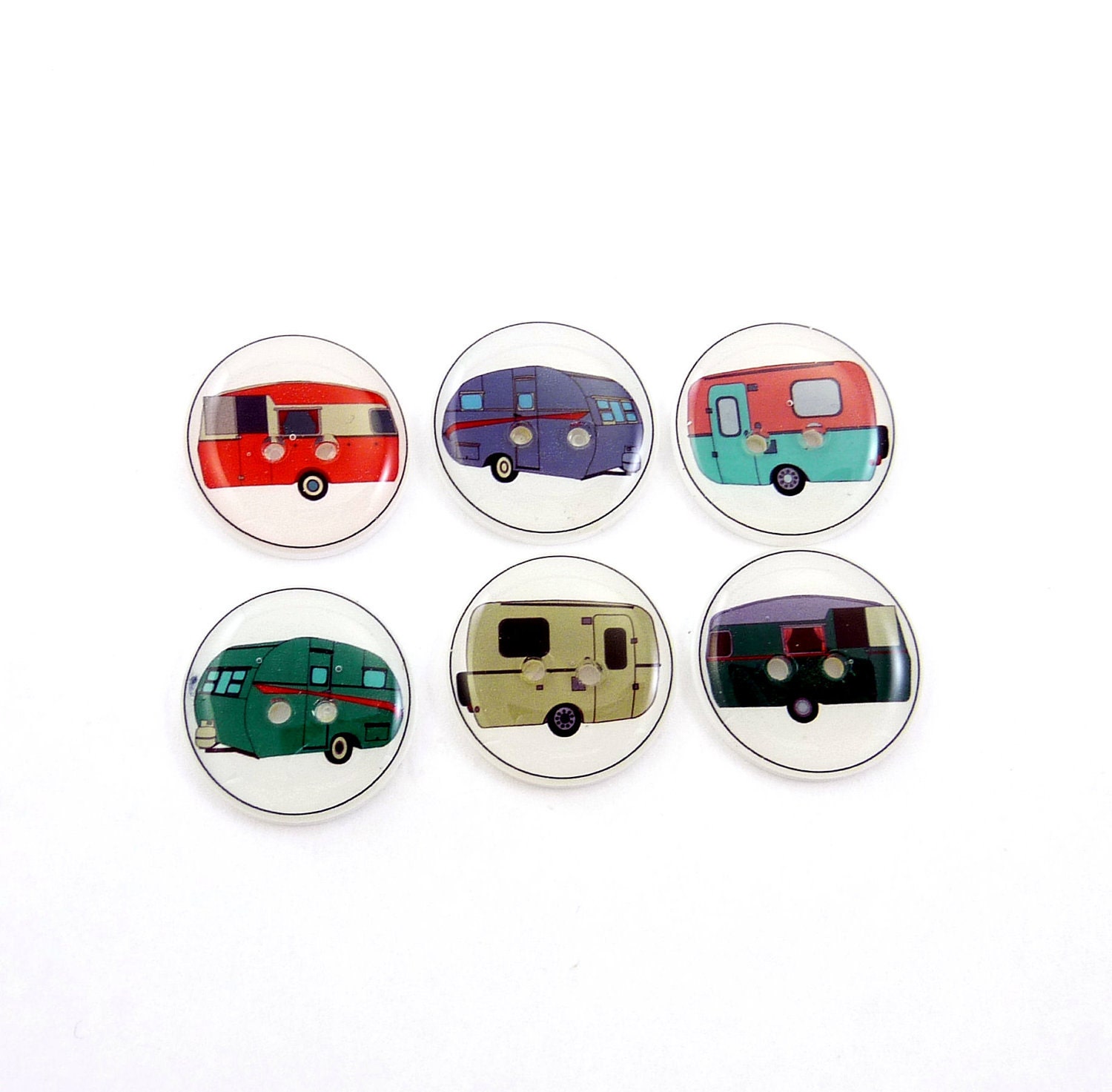 RV Buttons.  6 handmade Buttons.  Recreational Vehicle or Camping Trailer Sewing Buttons. Vintage Image.
