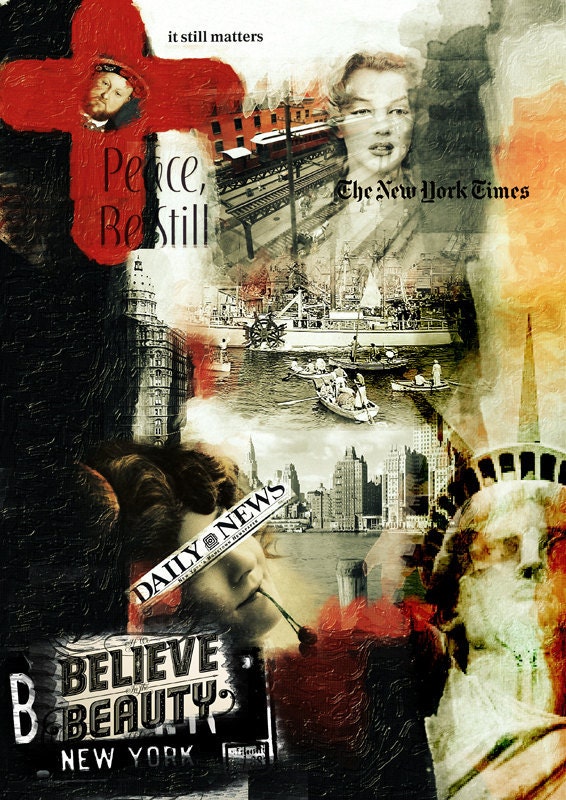 New York believe Poster art wall decor print canvas  red black orange typography collage typography print