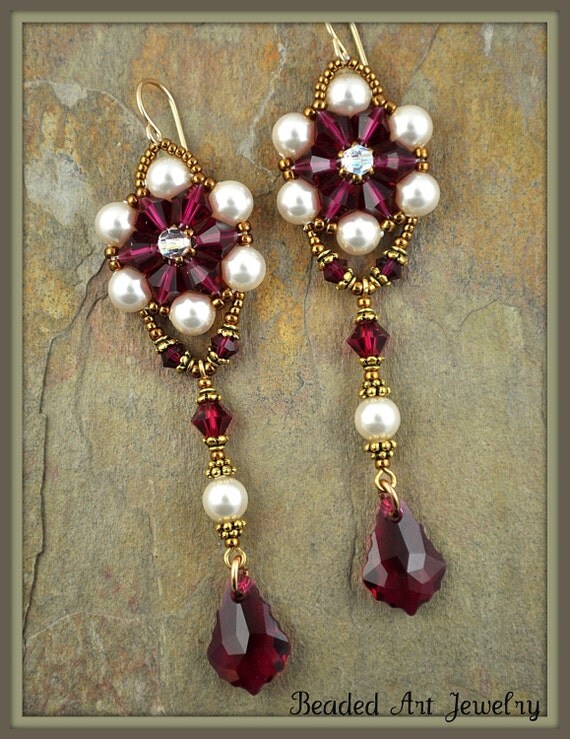 Beadwoven, Beaded, Beadwork Swarovski Crystal and Pearl Earrings