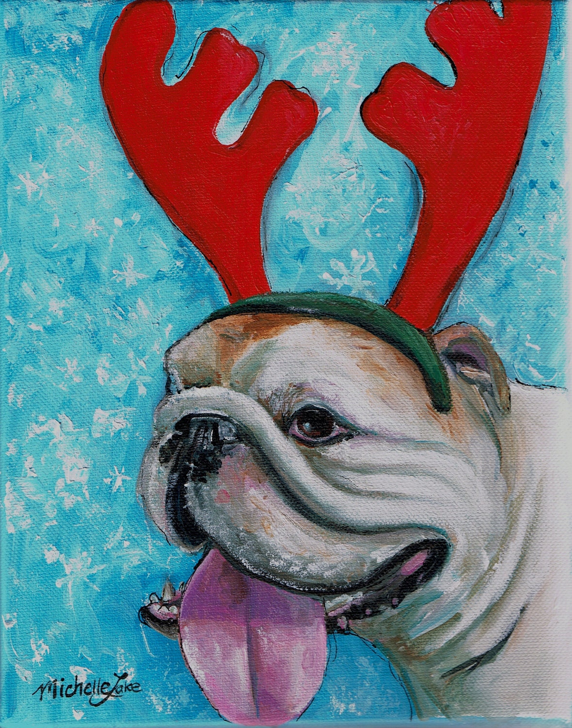 Bull Dog Painting  Milford Eugene  Christmas Kisses  8x10   Treasury Item