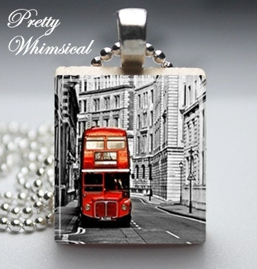 DOUBLE DECKER Bus Necklace London England - Scrabble Tile Pendant Jewelry - prettywhimsical