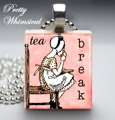 Tea Break Necklace vintage wood Scrabble tile / for her / gifts under 10