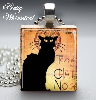 French Black Cat Poster, Scrabble Tile Pendant, Scrabble Jewelry