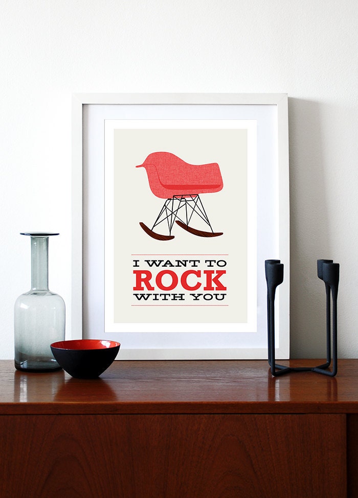 Eames poster print - I Want To Rock With You 2 Red -  A3 Mid Century Modern chair rocker Herman Miller lounge retro