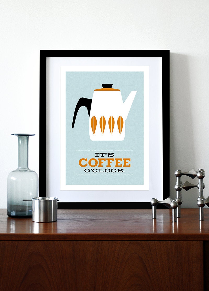 Cathrineholm poster print Catherineholm Mid century modern home art for kitchen coffee tea - It's Coffee O'clock- Orange A3