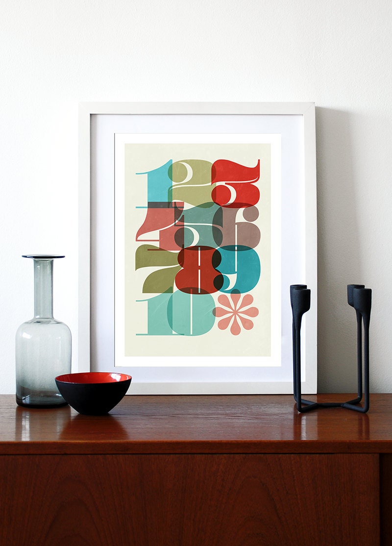 Typography poster print retro nusery art kitchen art children's vintage bedroom numbers -1 To 10 - A3