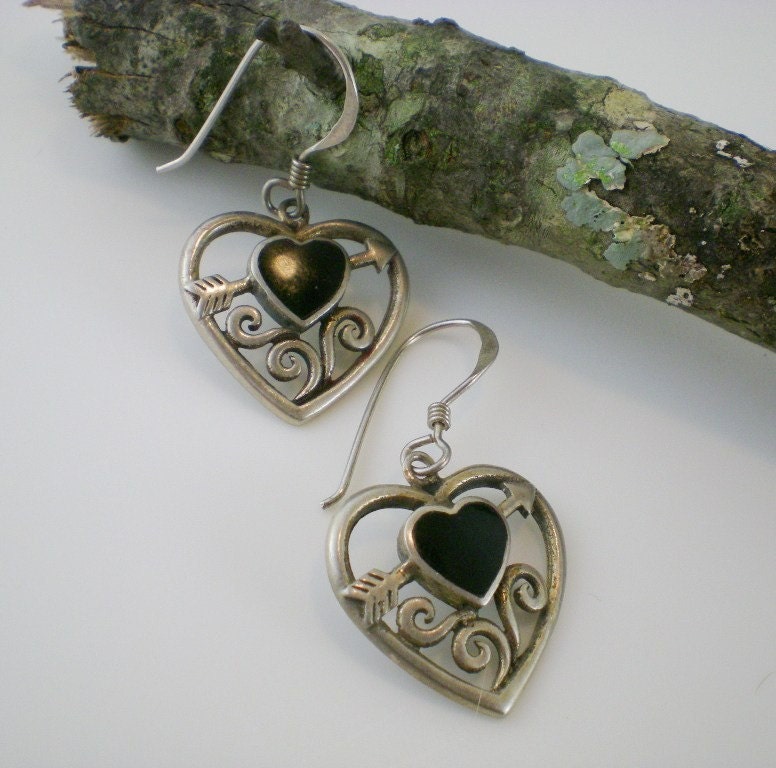 Heart  Earrings Sterling Silver Onyx Pierced Vintage Jewelry