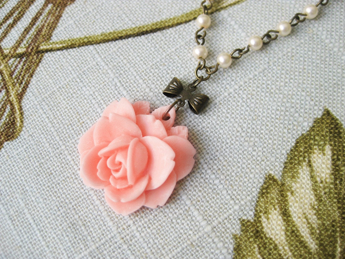 Rose Pendant Necklace Pearl Bow Charm