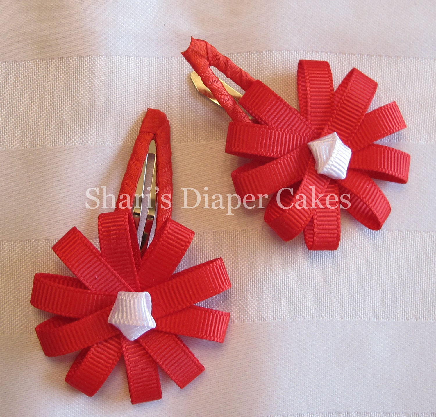 Red Grosgrain Ribbon Flower Snap Hair Clips